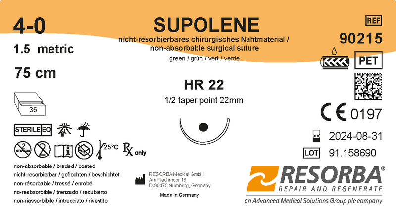 Суполен USP3-0 зелений, довжина 75см, колюча голка 27мм, 1/2 кола